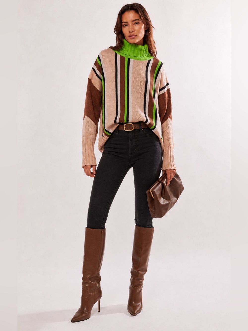 Free People Mutma Kitchy Fordo Oversized Wool Striped Turtleneck Sweater OS